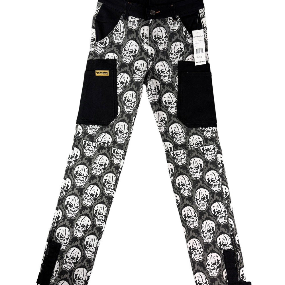 Brand X Cargo Pants Mens 28 Gun‎ Metal Grim Reaper Skull Print Cotton Stretch